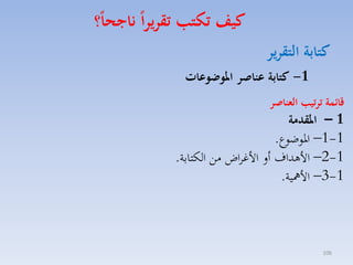 ‫كتابة التقرير‬

‫كيف تكتب تقريرا ناجحا؟‬

‫1- كتابة عناصر املوضوعات‬

‫قا مة ترتيب العناصر‬

‫1 – املقدمة‬
‫1-1– اروضوع.‬
‫1-2– األهداف أل األغااض مق الكتابة.‬
‫1-3– األمهية.‬

‫601‬

 