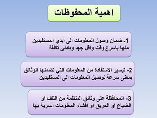 ‫اهمية المحفوظات‬
‫1ـ ضمان وصول المعلومات الى ايدي المستفيدين‬
‫منها باسرع وقت واقل جهد وبادنى تكلفة‬

‫2- تيسير االستفادة من المعلومات التي تضمنها الوثائق‬
‫بمعنى سرعة توصيل المعلومات الى المستفيدين‬
‫3- المحافظة على وثائق المنظمة من التلف او‬
‫الضياع او الحريق او افشاء المعلومات السرية بها‬

 