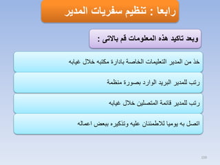 ‫رابعا : تنظيم سفريات المدير‬
‫وبعد تاكيد هذه المعلومات قم باالتى :‬
‫خذ من المدير التعليمات الخاصة بادارة مكتبه خالل غيابه‬
‫رتب للمدير البريد الوارد بصورة منظمة‬

‫رتب للمدير قائمة المتصلين خالل غيابه‬
‫اتصل به يوميا لالطمئنان عليه وتذكيره ببعض اعماله‬

‫951‬

 