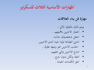 ‫املهارات ا ساسية الثاث للسكرتري‬
‫مهارة فن بنال العاقات‬
‫ليتم ذلك بالطاق اآليت :‬
‫• اشمار االخايق بامهيتهم .‬
‫• اجمل شخصيتك جذابه .‬
‫• انكئ انطباعا الليا جيدا لدى االخايق.‬
‫• اجذمل االخايق حنو لجهة نظاك .‬
‫• امدح االخايق لاثين عليهم.‬
‫• انتقد للكق بدلن ح .‬
‫جا‬
‫• انتق الكلسات ا يدة .‬
‫57‬

 