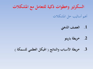 ‫السكرتري وخطوات ذكية للتعامل م املشكات‬
‫أهم أساليب هل املشكات‬
‫1. العصف ال هين‬
‫2. خريطة باريتو‬

‫3. خريطة ا سباب والنتا ج ( اهليكل الع ما للسمكة )‬

 