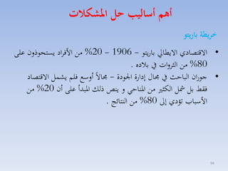 ‫أهم أساليب هل املشكات‬
‫خريطة باريتو‬
‫• االقتصادي االيطايل باريتو - 6091 - 02% مق األفااد يستحوذلن على‬
‫08% مق الثالات يف بالده .‬
‫• جوران الباحث يف اري إدارة ا ودة - االً ألسع فلم يكسل االقتصاد‬
‫فقط بل مشل الكث مق ارناحي ل ينص ذلك اربدأ على أن 02% مق‬
‫األسبامل تؤدي إىل 08% مق النتائج .‬

‫49‬

 