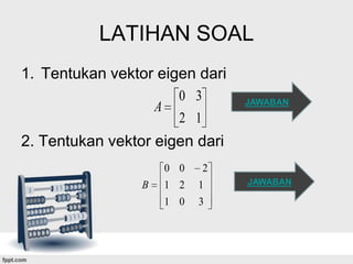 LATIHAN SOAL
1. Tentukan vektor eigen dari
A

0 3
2 1

JAWABAN

2. Tentukan vektor eigen dari
0 0
B

2

1 2

1

1 0

3

JAWABAN

 