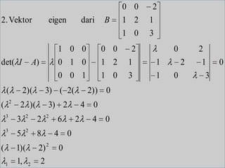 2. Vektor

det( I
(
2

(

eigen

1 0 0
0 1 0
0 0 1

A)
2)(

3) ( 2(

2 )(

3) 2

3

3

2

2

3

5

2

8

(
1

2

1)( 2) 2
1, 2 2

6
4 0
0

B
0 0
1 2
1 0

dari

0 0
1 2
1 0
2
1
3

2)) 0
4 0
2

4 0

2
1
3
0
1
1

2
0

2
1
3

0

 