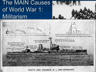 The MAIN Causes
of World War 1:
Militarism




German Army grows
from 400,000 to
700,000 soldiers
from 1870 to 1910
Germany and Great
Britain start
producing the
Dreadnought

 