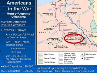 Americans
in the War
Meuse-Argonne
Offensive
•Largest American
involved offensive
•Involves 3 Waves
•1st – Successful Attack
on German Lines
•2nd – Fresh Troops,
another surge
•Lost Battallion
•Alvin York

•3rd – Capture of
objectives…Germans
Surrender!!!
•Allied Casualties 180,000
•C.P. Casualties ~100,000

•Allies end up winning by overwhelming
Germans with fresh troops and more supplies!

 