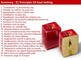 1. “Ξεκλειδώστε” τις δυνατότητές σας
2. Ανέλαβε την ευθύνη της ζωής σου
3. Δημιουργήστε εσείς το μέλλον σας
4. Ξεκαθαρίστε τις αξίες σας
5. Προσδιόρισε τους αληθινούς στόχους σου
6. Αποφασίστε για το μέγιστο καθοριστικό σκοπό σας
7. Αναλύστε τα πιστεύω σας
8. Ξεκινήστε από την αρχή
9. Μετρήστε την πρόοδό σας
10. Ελαχιστοποιήστε τα εμπόδια
11. Γίνετε εμπειρογνώμονας στον τομέα σας
12. Βρεθείτε κοντά στους σωστούς ανθρώπους
13. Φτιάξτε ένα πλάνο δράσης
14. Διαχειριστείτε σωστά το χρόνο σας
15. Αναθεωρείστε τακτικά τους στόχους σας
16. Να οραματίζεστε τους στόχους σας συνεχώς
17. Ενεργοποιήστε τον υπερσυνείδητο νου σας
18. Παραμείνετε ευέλικτοι σε όλες τις στιγμές
19. “Ξεκλειδώστε την έμφυτη δημιουργικότητά σας
20. Κάντε έστω ένα πράγμα κάθε μέρα
21. Επιμένετε μέχρι να πετύχετε
Summary : 21 Principles Of Goal Setting
 