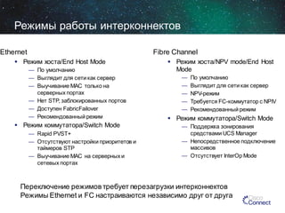Режимы работы интерконнектов
Ethernet

Fibre Channel

 Режим хоста/End Host Mode
— По умолчанию
— Выглядит для сети как сервер
— Выучивание MAC только на
серверных портах
— Нет STP, заблокированных портов
— Доступен FabricFailover
— Рекомендованный режим

 Режим коммутатора/Switch Mode
— Rapid PVST+
— Отсутствуют настройки приоритетов и
таймеров STP
— Выучивание MAC на серверных и
сетевых портах

 Режим хоста/NPV mode/End Host
Mode
—
—
—
—
—

По умолчанию
Выглядит для сети как сервер
NPV-режим
Требуется FC-коммутатор с NPIV
Рекомендованный режим

 Режим коммутатора/Switch Mode
— Поддержка зонирования
средствами UCS Manager
— Непосредственное подключение
массивов
— Отсутствует InterOp Mode

Переключение режимов требует перезагрузки интерконнектов
Режимы Ethernet и FC настраиваются независимо друг от друга

 