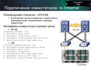Сценарий 1
EHM

Подключение коммутаторов по Ethernet
Рекомендуемая топология – vPC/VSS
 В противном случае интерконнект подключается
агрегированными соединениями к каждому
коммутатору

Интерфейсы коммутатора в режиме транка
 NX-OS

vPC/VSS

interface ethernet 1/20
 switchport mode trunk
 switchport trunk native vlan 1
 switchport trunk allowed vlan 10-17,122
 spanning-tree port type edge trunk

 IOS

interface gigabitethernet 1/20
 switchport trunk encapsulation dot1q
 switchport mode trunk
 switchport nonegotiate
 spanning-tree port type edge trunk
 switchport trunk native vlan 1
 switchport trunk allowed vlan 10-17,122

FI-A

FI-B

 