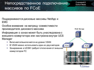 Непосредственное подключение
массивов по FCoE
Поддерживаются дисковые массивы NetApp и
EMC
Особое внимание на матрицу совместимости
производителя дискового массива
Информация о зонах может быть унаследована с
внешнего коммутатора или настроена внутри UCS
Manager
 Включается/выключается на уровне VSAN
 В VSAN можно использовать один из двух методов
FI-A
 Зонирование в UCSM требуют отключения от внешних
коммутаторов FC

Сценарий 6
Switch Mode

FCoE Storage

FI-B

 