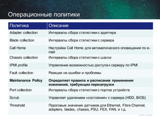 Операционные политики
Политика

Описание

Adapter collection

Интервалы сбора статистики с адаптера

Blade collection

Интервалы сбора статистики с сервера

Call Home

Настройки Call Home для автоматического оповещения по email

Chassis collection

Интервалы сбора статистики с шасси

IPMI profile

Управление возможностью доступа к серверу по IPMI

Fault collection

Реакции на ошибки и проблемы

Maintenance Policy

Определяет правила и расписание применения
изменений, требующих перезагрузки

Port collection

Интервалы сбора статистики с портов устройств

Scrub

Управляет удалением «состояния» с сервера (HDD, BIOS)

Threshold

Пороговые значения датчиков для Ethernet, Fibre Channel,
adapters, blades, chassis, PSU, FEX, FAN, и т.д.

 