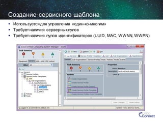 Создание сервисного шаблона
 Используется для управления «один-ко-многим»
 Требует наличия серверных пулов
 Требует наличия пулов идентификаторов (UUID, MAC, WWNN, WWPN)

 
