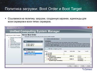 Политика загрузки: Boot Order и Boot Target
 Ссылаемся на политику загрузки, созданную заранее, единожды для
всех серверов и всех типов серверов.

 
