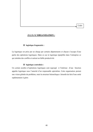 40
21.2.5.3 L’ORGANISATION :
 logistique fragmentée :
La logistique est prise par en charge par certains départements et chacun s’occupe d’une
partie des opérations logistiques. Dans ce cas la logistique éparpillée dans l’entreprise ce
qui entraîne des conflits et surtout un faible productivité.
 logistique centralisée :
Un certain nombre d’opérations logistiques sont regroupé à l’intérieur d’une fonction
appelée logistique sous l’autorité d’un responsable spécialiste. Cette organisation permet
une vision globale du problème, mais la structure hiérarchique s’alourdit du fait d’une unité
suplémentaire à gérer.
Coûts
 