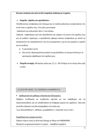 8
Θα γίνει επιλογι ενόσ από τα δφο παιχνίδια ανάλογα με το χρόνο.
Παιχνίδι: «΢χεδίεσ και κροκόδειλοι»
Τοποκετοφνται ςτεφανάκια ςτο πάτωμα και τα παιδιά καλοφνται να φανταςτοφν ότι
αυτά είναι οι ςχεδίεσ τουσ. Τουσ λζω μια ιςτορία:
«Βρίςκεςτε και κολυμπάτε όλοι ςϋ ζνα ποτάμι…
Ξαφνικά, εμφανίηομαι εγϊ ςαν κροκόδειλοσ και τρζχουν να μπουν ςτισ ςχεδίεσ τουσ
για να ςωκοφν. Αργότερα, ο κροκόδειλοσ αφαιρεί κάποια ςτεφανάκια με ςκοπό να
αναγκαςτοφν να «αγκαλιαςτοφν» και να ςυνεργαςτοφν, για να τουσ χωρζςει θ ςχεδία
και να ςωκοφν.
o Τι μασ δείχνει αυτό;
o Ρϊσ αυτι θ δραςτθριότθτα μπορεί να μασ βοθκιςει να αντιμετωπίςουμε τα
κροφςματα εκφοβιςμοφ ςτο ςχολείο μασ;
Παιχνίδι ςυνοχισ: Μετροφμε μζςα μασ 1,2, 3… ΧΑ! (Στόχοσ να το ποφμε όλοι μαηί
το ΧΑ!)
Διακεματικά ςτο μάκθμα «Γλϊςςα και Ρολιτιςμόσ»:
Γράφουν ςυνκιματα με ςυμβουλζσ ςχετικζσ με τον εκφοβιςμό, για να
πλαςτικοποιθκοφν και να τοποκετθκοφν ςε διάφορα ςθμεία του ςχολείου. Τρία από
αυτά κα επιλεγοφν και κα καταγραφοφν ςτο πανό μασ.
(π.χ «Ηιτα βοικεια!», «Μίλθςε, μθ φοβθκείσ!», «Αγνόθςζ τουσ!» κλπ.)
Ραραλλαγι που μπορεί να γίνει:
Γράψτε τϊρα κι εςείσ τα δικά ςασ δίςτιχα με κζμα τον ΕΚΦΟΒΛΣΜΟ
Μπορείτε να χρθςιμοποιιςετε τισ ρίμεσ: εκφοβίηετε-χαρίηετε
ΑΛΛΔ΢ ΔΡΓΑ΢ΙΔ΢ ΓΙΑ ΔΠΟΜΔΝΑ ΜΑΘΗΜΑΣΑ:
 