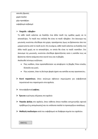9
απειλζσ-βριςιζσ
χαρά-παιδιά
χζρι-προςφζρει
εκφοβιςμό-ςεβαςμό
 Παιχνίδι : «βόμβα»
Το κάκε παιδί καλείται να διαλζξει ζνα άλλο παιδί τθσ ομάδασ χωρίσ να το
αποκαλφψει. Το παιδί που επζλεξε κα είναι το παιδί «βόμβα». Στο άκουςμα τθσ
μουςικισ κινοφνται ελεφκερα ςτο χϊρο, προςζχοντασ όμωσ να βρίςκονται όςο πιο
μακριά γίνεται από το παιδί αυτό. Στθ ςυνζχεια, κάκε παιδί καλείται να διαλζξει ζνα
άλλο παιδί χωρίσ να το αποκαλφψει, το οποίο κα είναι το παιδί «αςπίδα». Στο
άκουςμα τθσ μουςικισ, κινοφνται ελεφκερα φροντίηοντασ ϊςτε θ αςπίδα τουσ να
βρίςκεται πάντα ανάμεςα ςτον εαυτό τουσ και τθ βόμβα.
Ακολουκεί ςφντομθ ςυηιτθςθ:
Ρϊσ νιϊκατε, όταν προςπακοφςατε να αποφφγετε τθ βόμβα; Ιταν εφκολο,
δφςκολο και γιατί;
Ρϊσ νιϊςατε, όταν τθ δεφτερθ φορά είχατε και αςπίδα να ςασ προςτατεφει;
 Κουτί παραπόνων, όπου ανϊνυμα αφινουν ςθμειϊματα για εκφοβιςτικά
περιςτατικά που παρατθροφν ςτα ςχολεία.
 Αντιεκφοβιςτικζσαφίςεσ
 Ζρευνα ευρφτερθσ κλίμακασ ςτο ςχολείο
 Παγκάκι φιλίασ ςτο ςχολείο, όπου κάκεται όποιο παιδάκι αντιμετωπίηει ςχετικό
πρόβλθμα (π.χ απομόνωςθσ) και τα υπόλοιπα παιδιά το προςεγγίηουν αναλόγωσ.
 Μακθτζσ παιδονόμοι κατά του εκφοβιςμοφ ςε διάφορα ςθμεία του ςχολείου.
ΠΗΓΔ΢:
 
