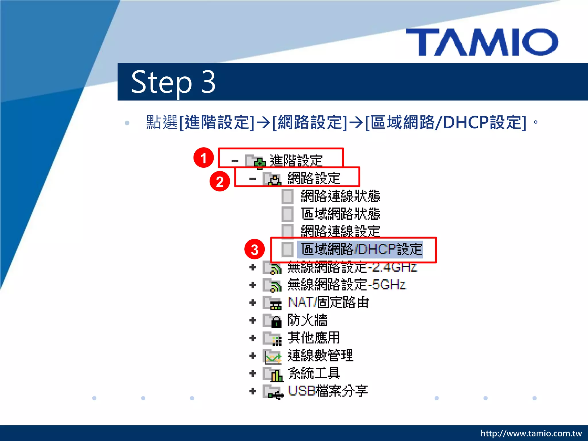 http://www.tamio.com.tw
Step 3
• 點選[進階設定][網路設定][區域網路/DHCP設定]。
1
2
3
 