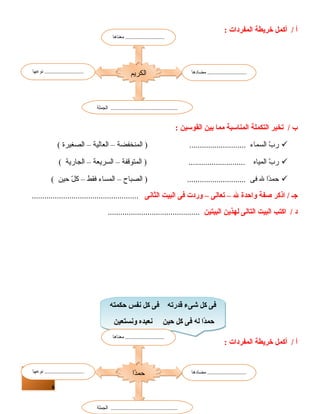 ........................... مضادها ........................... نوعها 
........................... مضادها ........................... نوعها 
6 
أ / أكمل خريطة المفردات : 
.............................................. الجملة 
ب / تخير التكملة المناسبة مما بين القوسين : 
........................... معناها 
الكريم 
ربّ  السماء ........................... ( المنخفضة – العالية – الصغيرة )  
ربّ  المياه ........................... ( المتوقفة – السريعة – الجارية )  
حمدً ا ل فى ............................ ( الصباح – المساء فقط – كلّ  حين )  
جـ / اذكر صفة واحدة ل – تعالى – وردت فى البيت الثانى ................................................... 
د / اكتب البيت التالى لهذين البيتين ............................................ 
أ / أكمل خريطة المفردات : 
فى كل شاىء قدرته فى كل نفس حكمته 
حمدًاا له فى كل حين نعبده  ونستعين 
........................... معناها 
ححممدً دً اا 
.............................................. الجملة 
 