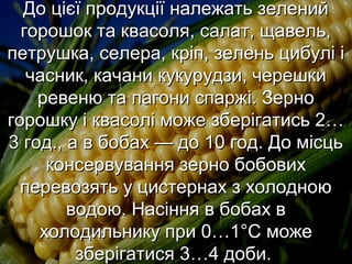 До цієї ппррооддууккццііїї ннааллеежжааттьь ззееллеенниийй 
ггоорроошшоокк ттаа кквваассоолляя,, ссааллаатт,, щщааввеелльь,, 
ппееттрруушшккаа,, ссееллеерраа,, ккррііпп,, ззееллеенньь ццииббуулліі іі 
ччаасснниикк,, ккааччааннии ккууккууррууддззии,, ччеерреешшккии 
ррееввееннюю ттаа ппааггооннии ссппаарржжіі.. ЗЗееррнноо 
ггоорроошшккуу іі кквваассоолліі ммоожжее ззббееррііггааттииссьь 22…… 
33 ггоодд..,, аа вв ббооббаахх —— ддоо 100 ггоодд.. ДДоо ммііссццьь 
ккооннссееррввуувваанннняя ззееррнноо ббооббооввиихх 
ппееррееввооззяяттьь уу ццииссттееррннаахх зз ххооллооддннооюю 
ввооддооюю.. ННаассіінннняя вв ббооббаахх вв 
ххооллооддииллььннииккуу ппррии 00……1°°СС ммоожжее 
ззббееррііггааттииссяя 33……44 ддооббии.. 
 