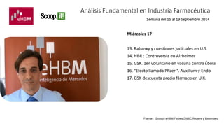 Análisis Fundamental en Industria Farmacéutica 
Semana del 15 al 19 Septiembre 2014 
Miércoles 17 
13. Rabanxy y cuestiones judiciales en U.S. 
14. NBR : Controversia en Alzheimer 
15. GSK. 1er voluntario en vacuna contra Ébola 
16. “Efecto llamada Pfizer “. Auxilium y Endo 
17. GSK descuenta precio fármaco en U.K. 
Fuente : Scoopit eHBM,Forbes,CNBC,Reuters y Bloomberg 
 