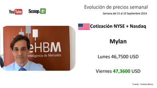 Evolución de precios semanal 
Semana del 15 al 19 Septiembre 2014 
Cotización NYSE + Nasdaq 
Mylan 
Lunes 46,7500 USD 
Viernes 47,3600 USD 
Fuente : Inversis Banco 
 