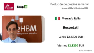 Evolución de precios semanal 
Semana del 15 al 19 Septiembre 2014 
Mercado Italia 
Recordati 
Lunes 12,4300 EUR 
Viernes 12,8200 EUR 
Fuente : Inversis Banco 
 