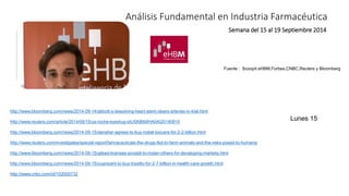 Análisis Fundamental en Industria Farmacéutica 
Semana del 15 al 19 Septiembre 2014 
Fuente : Scoopit eHBM,Forbes,CNBC,Reuters y Bloomberg 
http://www.bloomberg.com/news/2014-09-14/abbott-s-dissolving-heart-stent-clears-arteries-in-trial.html 
http://www.reuters.com/article/2014/09/15/us-roche-eyedrug-idUSKBN0HA0AI20140915 
http://www.bloomberg.com/news/2014-09-15/danaher-agrees-to-buy-nobel-biocare-for-2-2-billion.html 
http://www.reuters.com/investigates/special-report/farmaceuticals-the-drugs-fed-to-farm-animals-and-the-risks-posed-to-humans/ 
http://www.bloomberg.com/news/2014-09-15/gilead-licenses-sovaldi-to-mylan-others-for-developing-markets.html 
http://www.bloomberg.com/news/2014-09-15/cognizant-to-buy-trizetto-for-2-7-billion-in-health-care-growth.html 
http://www.cnbc.com/id/102000732 
Lunes 15 
 