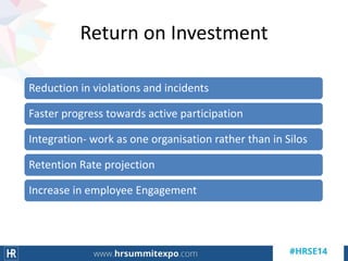 Return on Investment
Reduction in violations and incidents
Faster progress towards active participation
Integration- work as one organisation rather than in Silos
Retention Rate projection
Increase in employee Engagement
 