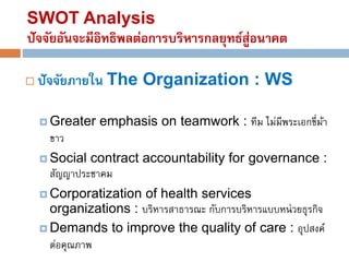 SWOT Analysis 
ปัจจัยอันจะมีอิทิิพลต่อการบริหารกลยุทิ์สู่อนาคต 
 ปัจจัยภายใน The 
Organization : WS 
Managing conflict 
...