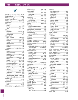 Index
1158 INDEX: Wff - Win
W
W.F. Fuller Counter Sinks... 1127
Wake Boards......................1068
Waketower Light.....................15
Walbro Fuel Pumps..............783
Walker Bay ................1056-1059
Wash Mitt..............................473
Washdown
Hose..................................475
Pumps........................762-764
Taps........................... 711, 741
Washer
Fastener.................1116, 1118
Hose..................................475
Windshield.........................290
Waste Tank
Deck Fittings ..............296-299
Filter ..................................736
Fittings........................734-735
Gauge ........................736-737
Moeller Tanks ....................734
Noz-All...............................735
Pumps...............................735
Sealand.......721-722, 733-734
Water
Filters ................................476
Flow Detectors ..................789
Heaters.......................413-414
Holding Tanks....................734
Inlet/Outlet..........694, 711-712
Maker .........................372-375
Pickup ........................675-678
Pressure Gauge.........192-193
Pressure Regulators ......... 711
Pressure System........745-752
Puppy........................768, 764
...........476
Sensor...............................789
Separators..................620-623
Strainers.............676-678, 766
Tanks.................................734
Temperature Gauge ...190-194
Temperature Sender .........195
Water Guns
Aqua-Zooka.....................1075
Water Ski
Buoys ................................959
Flag .................................1075
Water Witch Pump Switch....761
Watermakers .................372-375
Waterproof
Container....................796-797
Notebook...........................837
Pouch.........................837-839
Watertight
Cable Outlets .............170-172
Containers..................796-797
Watertite, Interlux .................502
Waxes............................448-459
Weather
Furuno Station Sensor ......204
Station...............................229
.......928
Weatherhawk........................930
Weatherstrip
Adhesive & Glue ...............429
Foam.................................340
Webasto ...............................408
Webbing ...............................947
Wedges, Sta-Lok..................844
Weights, Downrigger ..........1096
Welcome Mats.................... 1107
Wesbar
License Bracket...............1030
Trailer Lights...........1029-1032
Work Light ...........................52
Bronze Wool......................525
Locking Wire ................... 1122
......................634
Packing ......................634-635
Stainless Steel Wool .........525
Scraper............................ 1125
Westland Covers
see Carver..............1017-1022
Wet Notes.............................837
Wexco
Wipers & Motors................285
Whale Fittings........ see SeaTech
Wheel
Bearing Grease.................441
Bearing Protector ............1038
Docking .............................964
Lock.................................1044
Steering......................577-578
Transom ..........................1049
Whipping Twine ....................946
Whips, Mooring ....................967
Whisker Poles ...............884-886
Whistles................................808
Whitecap
Deck Fills...........................298
Tank Vents.........................322
Wichard
Carbine Hooks ..................869
Chain Gripper....................977
Eye Bolts...........................873
Eye Strap ..........................875
Key Rings........................ 1106
Knives ............................. 1123
Metal Cleaner....................464
Mooring Hook....................991
Pad Eye.............................878
Pre-Feeder........................896
Safety Tether .....................819
Shackles.....................861-862
Snap Shackles ..................870
U-Bolts ..............................871
Wi-Fi Antenna.......................241
Winch
Anchor........................980-990
Cable...............................1027
Foot Switches............985, 989
Grease, Harken.................918
Handle Holders .................927
Handles.....................917, 927
Harken........................917-918
Straps..............................1027
Trailer .....................1026-1027
Wind Instruments ..229, 928-931
Wind Scoop, Davis............. 1107
Wind Wizard.........................930
Windex, Wind Vane ..............931
Windlasses....................980-990
Windline
Anchor Chocks..................978
Anchor Rollers............976-977
Fender Holders .................962
Ladders .............................309
Marithane Wheels .............974
Window
Bedding.............................422
Channel.............................340
Handles & Locks .......352, 355
Saver.................................305
Stops.........................352, 355
Windshield
Adjusters ....................332-333
Keepers.....................352, 355
Treatment...................464-466
Washer..............................290
Wiper Switches ...78, 284, 287
Wipers........................284-291
Wine
Coolers......................377, 379
Glass Holders..................1082
Glasses ........................... 1105
Wing Nuts............................1115
 