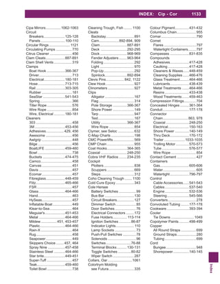 Index
INDEX: Cip - Cor 1133
Cipa Mirrors...............1062-1063
Circuit
Breakers.....................125-128
Panels ........................100-110
Circular Rings..................... 1121
Circulating Pumps ................770
Citrus Cleaner ......................456
Clam Cleats...................887-891
Clam Shell Vents..................319
Clamps
Boat Hook ..................366-367
Driver.................................713
Electrical.....................180-181
Hose...........................713-715
Rail.............................303-305
Rubber ..............................181
SeaStar ......................541-543
Spring................................366
Tiller Rope.........................576
Wire Rope .........................854
Wire, Electrical ...........180-181
Cleaners
303 ....................................458
3M ..............................453-456
Adhesives..................429, 456
Awesome ..........................456
Awlgrip ..............................448
Bilge ..................................456
BoatLIFE ....................459-460
Bowl ..................................738
Buckets ......................474-475
Camco...............................458
Canvas..............................451
Davis .................................457
Ecomar..............................457
Fibreglass...................448-459
Flitz.............................465-466
FSR...................................457
Glass..........................464-466
Hand..................................463
HySeas..............................457
...................449
Klear-to-Sea......................464
Meguiar's....................451-453
Metal ..........................464-466
Mildew................451, 453-457
Plastic.........................464-466
Rain-X ...............................464
Rug....................................458
Seapower..........................449
Skippers Choice........457, 464
Spray Nine .................457-458
Stainless Steel ...........464-466
Star brite.....................449-451
Super-Tuff .........................457
Teak............................459-460
Toilet Bowl.........................738
Cleaning Trough, Fish ........ 1100
Cleats
Backstay............................891
Cam....................892-894, 909
Clam...........................887-891
Deck ..........................292-295
Dock...........................968-969
Fender Adjusters........963-964
Folding ..............................292
Light ..................................970
Pop-Up..............................292
Spinlock......................892-894
Clevis Pins.................. 842, 1122
Clew Hook............................927
Clinometers ..........................927
Clips
Alligator .............................167
Flag ...................................314
Pole Storage ..............366-367
Shore Power .....................149
Tarp ...................................947
Test....................................167
Utility ..........................366-367
Wire Rope .........................854
Clymer, see Seloc ................632
C-Map Charts.......................198
CMC Powerlifts.....................569
CMP Chain ...........................955
Coat Hooks....................364-365
Coaxial ..........................248-250
Cobra VHF Radios ........234-235
Cockpit
Plotters..............................838
Scuppers...........................669
Steps.................................312
Coho Cleaning Trough ....... 1100
Cold Cure Epoxy ..................343
Cole Hersee
Battery Switches .................99
Bus Bar .............................130
Circuit Breakers.................127
Dimmer Switch....................85
Door Switches.....................76
Electrical Connectors ........172
Fuse Holders.............. 113-114
Ignition Switches ............86-87
Indicator Lights.................. 110
Lamp Sockets .....................73
Push-Pull Switches .............78
Solenoids ............................96
Switches.........................76-88
Terminal Blocks..........130-131
Toggle Switches .............80-82
Wiper Switch .....................287
Collars, Oar ........................1061
Colortrym Molding
see Futura.........................335
Colour Pigment..............431-432
Columbus Chain...................955
Comar...................................790
Comet
Flares ................................797
Watertight Containers........797
Compasses ...................831-835
Compounds
Adhesives...................417-428
Caulking .....................417-428
Cleaners & Waxes......448-459
Cleaning Supplies ......466-476
Glass Treatment.........464-466
Lubricants...................438-439
Metal Treatments .......464-466
Resins ........................433-438
Wood Treatments.......459-463
Compression Fittings............704
Concealed Hinges.........361-364
Conduit..........................177-178
Connector
Chain.........................863, 978
Coaxial .......................248-250
Electrical.....................150-163
Shore Power ..............140-149
Thru Deck...................170-172
Trailer .....................1033-1035
Trolling Motor .............570-573
Tube ...........................576-577
Wire Rope .........................854
Contact Cement ...................427
Containers
Gas.............................605-606
Water.................................605
Watertight...................796-797
Control
Cable Accessories......541-543
Cables........................537-540
Engine........................532-536
Steering......................545-566
Converters............................278
Convoluted Tubing ........177-178
Cookware ......................393-394
Cooler
Tie Downs .......................1049
Copolymer Paints..........498-499
Copper
All Round Straps ...............699
Ground Straps...................280
Tubing ...............................699
Cord
Bungee..............................948
Shorepower................140-145
 