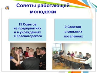 Советы работающей
молодежи
15 Советов
на предприятиях
и в учреждениях
с Красногорского
9 Советов
в сельских
поселениях
 