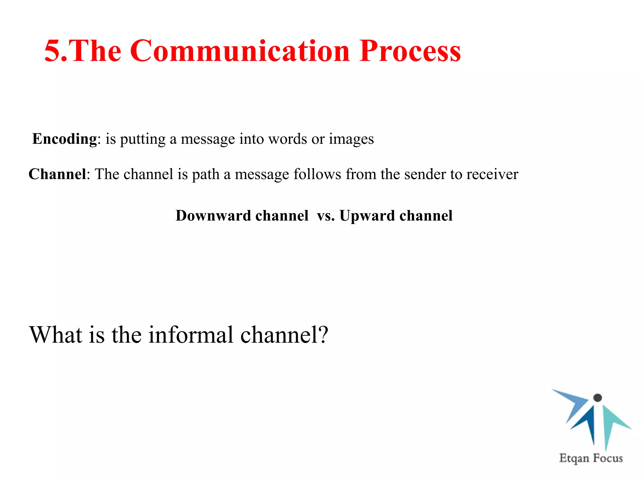 5.The Communication Process
Encoding: is putting a message into words or images
Channel: The channel is path a message follows from the sender to receiver
Downward channel vs. Upward channel
What is the informal channel?
 