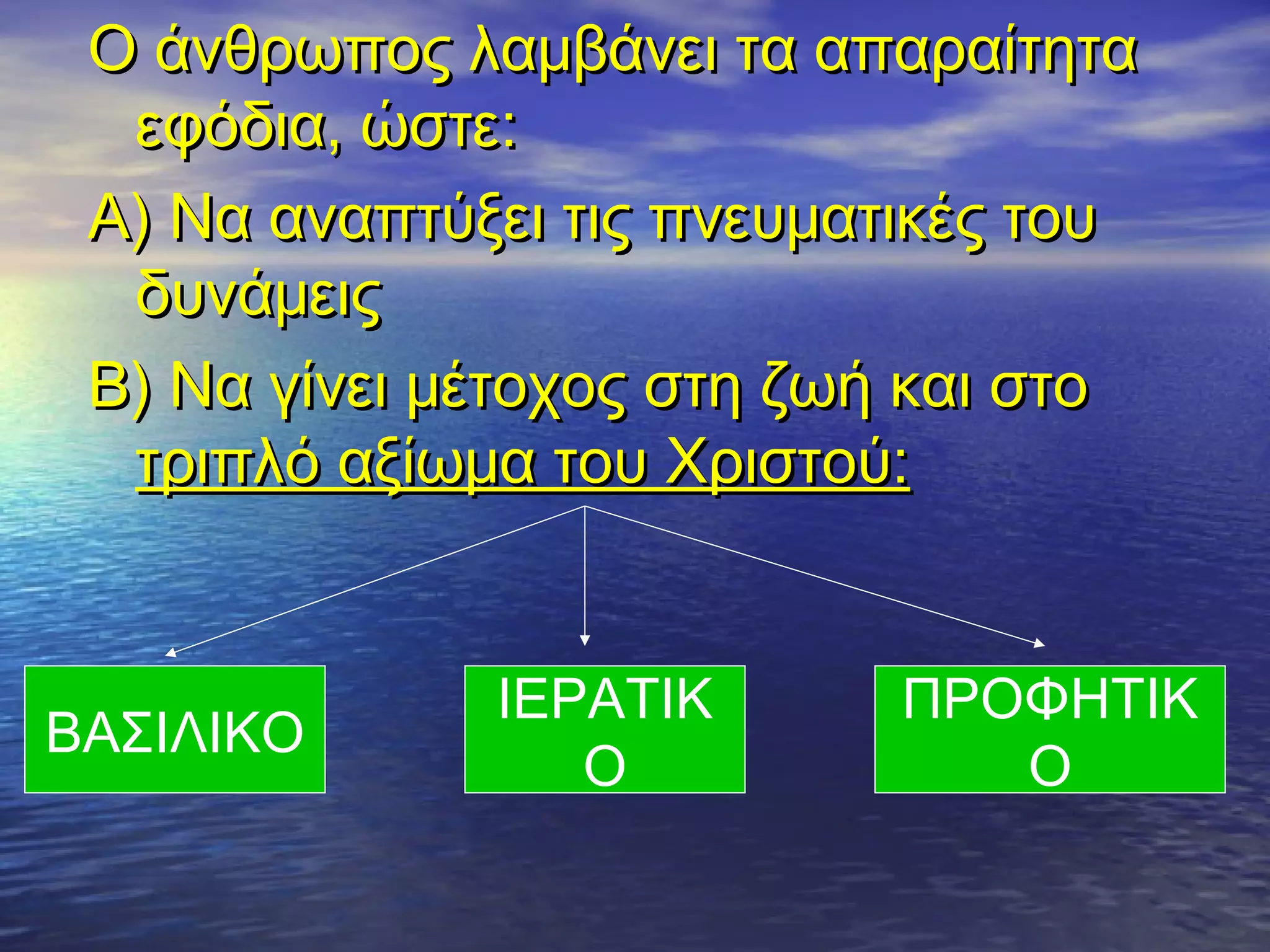 Ο άνθρωπος λαμβάνει τα απαραίτηταΟ άνθρωπος λαμβάνει τα απαραίτητα
εφόδια, ώστε:εφόδια, ώστε:
Α) Να αναπτύξει τις πνευματικές τουΑ) Να αναπτύξει τις πνευματικές του
δυνάμειςδυνάμεις
Β) Να γίνει μέτοχος στη ζωή και στοΒ) Να γίνει μέτοχος στη ζωή και στο
τριπλό αξίωμα του Χριστού:τριπλό αξίωμα του Χριστού:
ΒΑΣΙΛΙΚΟ
ΙΕΡΑΤΙΚ
Ο
ΠΡΟΦΗΤΙΚ
Ο
 