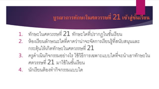 บูรณาการทักษะในศตวรรษที่ 21 เข้าสู่ชั้นเรียน
1. ทักษะในศตวรรษที่ 21 ทักษะใดที่ปรำกฏในชั้นเรียน
2. ห้องเรียนลักษณะใดที่คำดว่ำน่ำจะจัดกำรเรียนรู้ที่สนับสนุนและ
กระตุ้นให้เกิดทักษะในศตวรรษที่ 21
3. ครูดำเนินกิจกรรมอย่ำงไร ใช้วิธีกำรเฉพำะแบบใดที่จะนำเอำทักษะใน
ศตวรรษที่ 21 มำใช้ในชั้นเรียน
4. นักเรียนต้องทำกิจกรรมแบบใด
 