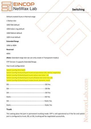 Switching
Default created VLans in Normal range
1 Native vlan
1002 fddi-default
1003 token-ring-default
1004 fddinet-default
1005 trnet-default
Extended Range
1006 to 4094
Reserved
4095
(Note: Extended range vlan we can only create in Transparent mode.)
VTP Version 3 supports Extended Range.
Vlan trunk configuration
Switch (config) #int fa0/0
Switch (config-if) #switchport trunk encapsulation (ISL, dot1q, negotiate)
Switch (config-if) #switchport trunk native vlan (vlan –id)
Switch (config-if) #switchport trunk allowed vlan (vlan-list, all)
Switch (config-if) #switchport mode (trunk, dynamic, auto)
DD ----------------------------------------------------------------DD Yes
DA-----------------------------------------------------------------DA No
DA-----------------------------------------------------------------DD Yes
Static-------------------------------------------------------------DD Yes
DA----------------------------------------------------------------Static Yes
Static-------------------------------------------------------------Static Yes
Trunk
This setting place the port in permanent trunking mode. DTP is still operational so if the far-end switch
port is configured to trunk, DD, or DA, trunking will be negotiated successfully.
 