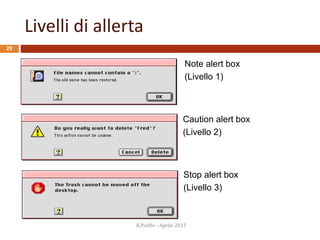 Note alert box
(Livello 1)
Caution alert box
(Livello 2)
Stop alert box
(Livello 3)
Livelli di allerta
R.Polillo - Aprile 2015
29
 