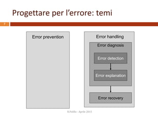 Error handling
Error diagnosis
Error recovery
Progettare per l’errore: temi
R.Polillo - Aprile 2015
7
Error prevention
Error detection
Error explanation
 
