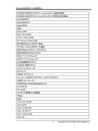 Doc no WJLIST021 04JUN2015
2 Copyright (C) 2015 Bee Technologies Inc.
POWER MOSFET/ץեåʥ(ߥ`F)
POWER MOSFET/ڥ(åԤȫ٬F)
SiC MOSFET
GaN MOSFET
GaN HEMT
ESD
ȥ󥸥
SiC ȥ󥸥
ѥ`?ȥ󥸥
`ȥ?ȥ󥸥
BRT/|֥ߥ`uƷ
ǥ?ȥ󥸥/`uƷ
IGBT/PSpice ǥ:إեʥǥ
IGBT/MOSFET+BJT ǥ
ܥƩ`?ե
ܥƩ`?쥮`
LDO(^ɽǥ)
LDO(AC ԥǥ)
?쥮`
ڥ
CMOS ڥ
ѥ`/JFET ƥΥ`BJT ƥΥ`
CMOS ѥ`
PWM(Pulse Width Modulation) IC
ʥ IC
ꥹ
å/ԪIuƷ
TRIAC
DIAC
ѥ``ߥ
եȥץ
եȥ󥿥ץ
ե?`
ե?ȥ󥸥
ե?IC
 