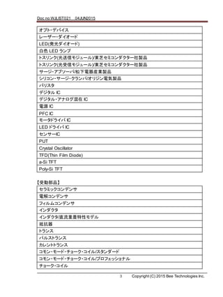 Doc no WJLIST021 04JUN2015
3 Copyright (C) 2015 Bee Technologies Inc.
ץ?ǥХ
``?`
LED(k`)
ɫ LED 
ȥ(ť⥸`)/|֥ߥ`uƷ
ȥ(ť⥸`)/|֥ߥ`uƷ
`?֥`/bIuƷ
ꥳ?`?/ꥸ늚uƷ
Хꥹ
ǥ IC
ǥ?ʥ IC
Դ IC
PFC IC
`ɥ饤 IC
LED ɥ饤 IC
󥵩`IC
PUT
Crystal Oscillator
TFD(Thin Film Diode)
a-Si TFT
Poly-Si TFT
܄ӲƷ
ߥåǥ
늽⥳ǥ
եॳǥ

/ֱخԥǥ
ֿ
ȥ
ѥ륹ȥ
ȥȥ
?`?`?/`
?`?`?/ץեåʥ
`?
 