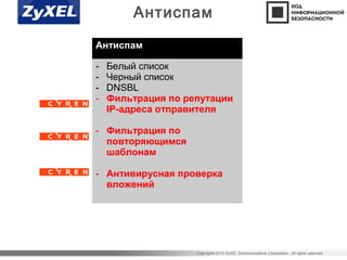 Copyright©2015 ZyXEL Communications Corporation. All rights reserved.
Антиспам
- Белый список
- Черный список
- DNSBL
- Фильтрация по репутации
IP-адреса отправителя
- Фильтрация по
повторяющимся
шаблонам
- Антивирусная проверка
вложений
Антиспам
 