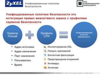 Copyright©2015 ZyXEL Communications Corporation. All rights reserved.
Унифицированные политики безопасности это
интеграция правил межсетевого экрана с профилями
сервисов безопасности
 Адрес источника
 Адрес назначения
 Порт назначения
 Пользователь
 Время
 Инспектирование SSL
 Патруль приложений
 Контентная фильтрация
 Предотвращение вторжений
 Антивирус
 Антиспам
Унифицированные политики
безопасности
 