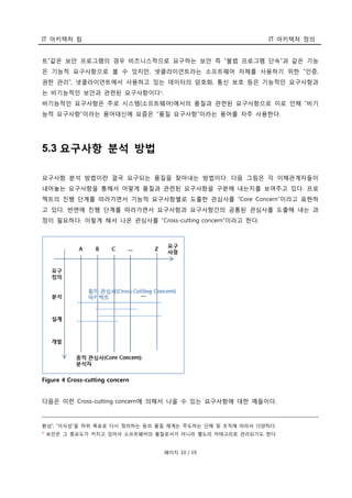 IT 아키텍처 팀 IT 아키텍처 정의
페이지 10 / 19
트”같은 보안 프로그램의 경우 비즈니스적으로 요구하는 보안 즉 “불법 프로그램 단속”과 같은 기능
은 기능적 요구사항으로 볼 수 있지만, 넷클라이언트라는 소프트웨어 자체를 사용하기 위한 “인증,
권한 관리”, 넷클라이언트에서 사용하고 있는 데이터의 암호화, 통신 보호 등은 기능적인 요구사항과
는 비기능적인 보안과 관련된 요구사항이다7.
비기능적인 요구사항은 주로 시스템(소프트웨어)에서의 품질과 관련된 요구사항으로 이로 인해 “비기
능적 요구사항”이라는 용어대신에 요즘은 “품질 요구사항”이라는 용어를 자주 사용한다.
5.3 요구사항 분석 방법
요구사항 분석 방법이란 결국 요구되는 품질을 찾아내는 방법이다. 다음 그림은 각 이해관계자들이
내어놓는 요구사항을 통해서 어떻게 품질과 관련된 요구사항을 구분해 내는지를 보여주고 있다. 프로
젝트의 진행 단계를 따라가면서 기능적 요구사항별로 도출한 관심사를 “Core Concern”이라고 표현하
고 있다. 반면에 진행 단계를 따라가면서 요구사항과 요구사항간의 공통된 관심사를 도출해 내는 과
정이 필요하다. 이렇게 해서 나온 관심사를 “Cross-cutting concern”이라고 한다.
Figure 4 Cross-cutting concern
다음은 이런 Cross-cutting concern에 의해서 나올 수 있는 요구사항에 대한 예들이다.
환성”, “이식성”을 하위 목표로 다시 정의하는 등의 품질 체계는 주도하는 단체 및 조직에 따라서 다양하다.
7 보안은 그 중요도가 커지고 있어서 소프트웨어의 품질로서가 아니라 별도의 카테고리로 관리되기도 한다.
 
