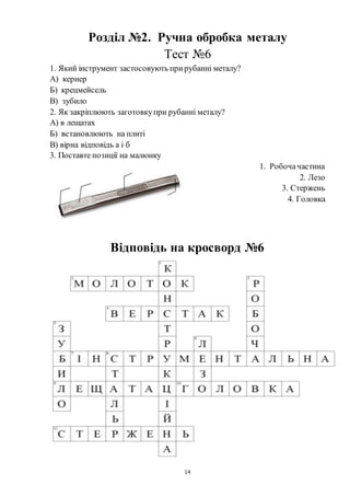 14
Розділ №2. Ручна обробка металу
Тест №6
1. Який інструмент застосовують прирубанні металу?
А) кернер
Б) крецмейсель
В) зубило
2. Як закріплюють заготовкупри рубанні металу?
А) в лещатах
Б) встановлюють на плиті
В) вірна відповідь а і б
3. Поставте позиції на малюнку
1. Робочачастина
2. Лезо
3. Стержень
4. Головка
Відповідь на кросворд №6
 