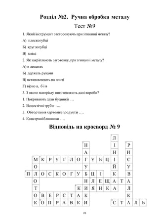 20
Розділ №2. Ручна обробка металу
Тест №9
1. Який інструмент застосовують призгинанні металу?
А) плоскогубці
Б) круглогубці
В) кліщі
2. Як закріплюють заготовку, призгинанні металу?
А) в лещатах
Б) держать руками
В) встановлюють на плиті
Г) вірно а, б і в
3. З якого матеріалу виготовляють дані вироби?
1. Покривають дахи будинків …
2. Водостічнітруби ….
3. Обгортання харчовихпродуктів ….
4. Консервнібляшанки ….
Відповідь на кросворд № 9
 