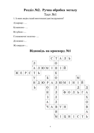 4
Розділ №2. Ручна обробка металу
Тест №1
1. Із яких видів сталей виготовленідані інструменти?
А) кернер - …
Б) напилок - …
В) зубило -…
Г) ножовочні полотна - …
Д) ножиці -…
Ж) свердло -…
Відповідь на кросворд №1
 