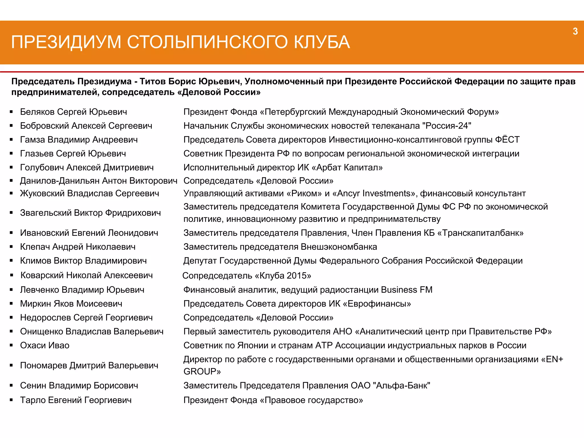 ПРЕЗИДИУМ СТОЛЫПИНСКОГО КЛУБА
Председатель Президиума - Титов Борис Юрьевич, Уполномоченный при Президенте Российской Федерации по защите прав
предпринимателей, сопредседатель «Деловой России»
3
 Беляков Сергей Юрьевич Президент Фонда «Петербургский Международный Экономический Форум»
 Бобровский Алексей Сергеевич Начальник Службы экономических новостей телеканала "Россия-24"
 Гамза Владимир Андреевич Председатель Совета директоров Инвестиционно-консалтинговой группы ФЁСТ
 Глазьев Сергей Юрьевич Советник Президента РФ по вопросам региональной экономической интеграции
 Голубович Алексей Дмитриевич Исполнительный директор ИК «Арбат Капитал»
 Данилов-Данильян Антон Викторович Сопредседатель «Деловой России»
 Жуковский Владислав Сергеевич Управляющий активами «Риком» и «Ancyr Investments», финансовый консультант
 Звагельский Виктор Фридрихович
Заместитель председателя Комитета Государственной Думы ФС РФ по экономической
политике, инновационному развитию и предпринимательству
 Ивановский Евгений Леонидович Заместитель председателя Правления, Член Правления КБ «Транскапиталбанк»
 Клепач Андрей Николаевич Заместитель председателя Внешэкономбанка
 Климов Виктор Владимирович Депутат Государственной Думы Федерального Собрания Российской Федерации
 Коварский Николай Алексеевич Сопредседатель «Клуба 2015»
 Левченко Владимир Юрьевич Финансовый аналитик, ведущий радиостанции Business FМ
 Миркин Яков Моисеевич Председатель Совета директоров ИК «Еврофинансы»
 Недорослев Сергей Георгиевич Сопредседатель «Деловой России»
 Онищенко Владислав Валерьевич Первый заместитель руководителя АНО «Аналитический центр при Правительстве РФ»
 Охаси Ивао Советник по Японии и странам АТР Ассоциации индустриальных парков в России
 Пономарев Дмитрий Валерьевич
Директор по работе с государственными органами и общественными организациями «EN+
GROUP»
 Сенин Владимир Борисович Заместитель Председателя Правления ОАО "Альфа-Банк"
 Тарло Евгений Георгиевич Президент Фонда «Правовое государство»
 