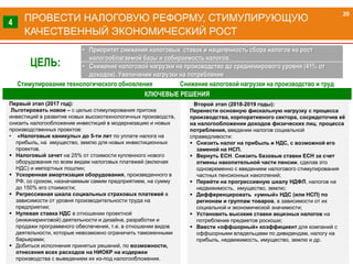 Стимулирование технологического обновления Снижение налоговой нагрузки на производство и труд
Первый этап (2017 год):
Льготировать новое – с целью стимулирования притока
инвестиций в развитие новых высокотехнологичных производств,
снизить налогообложение инвестиций в модернизацию и новых
производственных проектов:
• «Налоговые каникулы» до 5-ти лет по уплате налога на
прибыль, на имущество, землю для новых инвестиционных
проектов.
 Налоговый зачет на 25% от стоимости купленного нового
оборудования по всем видам налоговых платежей (включая
НДС) и импортных пошлин;
 Ускоренная амортизация оборудования, произведенного в
РФ, со сроком, назначаемым самим предприятием, на сумму
до 150% его стоимости;
 Регрессивная шкала социальных страховых платежей в
зависимости от уровня производительности труда на
предприятии;
 Нулевая ставка НДС в отношении проектной
(инжиниринговой) деятельности и дизайна, разработки и
продажи программного обеспечения, т.е. в отношении видов
деятельности, которые невозможно ограничить таможенными
барьерами;
 Добиться исполнения принятых решений, по возможности,
отнесения всех расходов на НИОКР на издержки
производства с выведением их из-под налогообложения.
Второй этап (2018-2019 годы):
Перенести основную фискальную нагрузку с процесса
производства, корпоративного сектора, сосредоточив её
на налогообложении доходов физических лиц, процесса
потребления, введении налогов социальной
справедливости:
 Снизить налог на прибыль и НДС, с возможной его
заменой на НСП.
 Вернуть ЕСН. Снизить базовые ставки ЕСН за счет
отмены накопительной части пенсии, сделав это
одновременно с введением налогового стимулирования
частных пенсионных накоплений;
 Перейти на прогрессивную шкалу НДФЛ, налогов на
недвижимость, имущество, землю;
 Дифференцировать «умный» НДС (или НСП) по
регионам и группам товаров, в зависимости от их
социальной и экономической значимости;
 Установить высокие ставки акцизных налогов на
потребление предметов роскоши;
 Ввести «оффшорный» коэффициент для компаний с
оффшорными владельцами по дивидендам, налогу на
прибыль, недвижимость, имущество, землю и др.
КЛЮЧЕВЫЕ РЕШЕНИЯ
ПРОВЕСТИ НАЛОГОВУЮ РЕФОРМУ, СТИМУЛИРУЮЩУЮ
КАЧЕСТВЕННЫЙ ЭКОНОМИЧЕСКИЙ РОСТ
20
4
ЦЕЛЬ:
• Приоритет снижения налоговых ставок и нацеленность сбора налогов на рост
налогооблагаемой базы и собираемость налогов.
• Снижение налоговой нагрузки на производство до среднемирового уровня (41% от
доходов). Увеличение нагрузки на потребление
 
