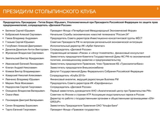 ПРЕЗИДИУМ СТОЛЫПИНСКОГО КЛУБА
Председатель Президиума - Титов Борис Юрьевич, Уполномоченный при Президенте Российской Федерации по защите прав
предпринимателей, сопредседатель «Деловой России»
3
 Беляков Сергей Юрьевич Президент Фонда «Петербургский Международный Экономический Форум»
 Бобровский Алексей Сергеевич Начальник Службы экономических новостей телеканала "Россия-24"
 Гамза Владимир Андреевич Председатель Совета директоров Инвестиционно-консалтинговой группы ФЁСТ
 Глазьев Сергей Юрьевич Советник Президента РФ по вопросам региональной экономической интеграции
 Голубович Алексей Дмитриевич Исполнительный директор ИК «Арбат Капитал»
 Данилов-Данильян Антон Викторович Сопредседатель «Деловой России»
 Жуковский Владислав Сергеевич Управляющий активами «Риком» и «Ancyr Investments», финансовый консультант
 Звагельский Виктор Фридрихович
Заместитель председателя Комитета Государственной Думы ФС РФ по экономической
политике, инновационному развитию и предпринимательству
 Ивановский Евгений Леонидович Заместитель председателя Правления, Член Правления КБ «Транскапиталбанк»
 Клепач Андрей Николаевич Заместитель председателя Внешэкономбанка
 Климов Виктор Владимирович Депутат Государственной Думы Федерального Собрания Российской Федерации
 Коварский Николай Алексеевич Сопредседатель «Клуба 2015»
 Левченко Владимир Юрьевич Финансовый аналитик, ведущий радиостанции Business FМ
 Миркин Яков Моисеевич Председатель Совета директоров ИК «Еврофинансы»
 Недорослев Сергей Георгиевич Сопредседатель «Деловой России»
 Онищенко Владислав Валерьевич Первый заместитель руководителя АНО «Аналитический центр при Правительстве РФ»
 Охаси Ивао Советник по Японии и странам АТР Ассоциации индустриальных парков в России
 Пономарев Дмитрий Валерьевич
Директор по работе с государственными органами и общественными организациями «EN+
GROUP»
 Сенин Владимир Борисович Заместитель Председателя Правления ОАО "Альфа-Банк"
 Тарло Евгений Георгиевич Президент Фонда «Правовое государство»
 