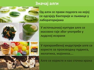 Значај алги
Од алги се прави подлога на којој
се одгајају бактерије и гљивице у
лабораторијама
У источњачкој култури алге се
масовно гаје због употребе у
људској исхрани
Алге се користе и као сточна храна
У прехрамбеној индустрији алге се
користе за производњу пудинга,
желатина, мајонеза….
 